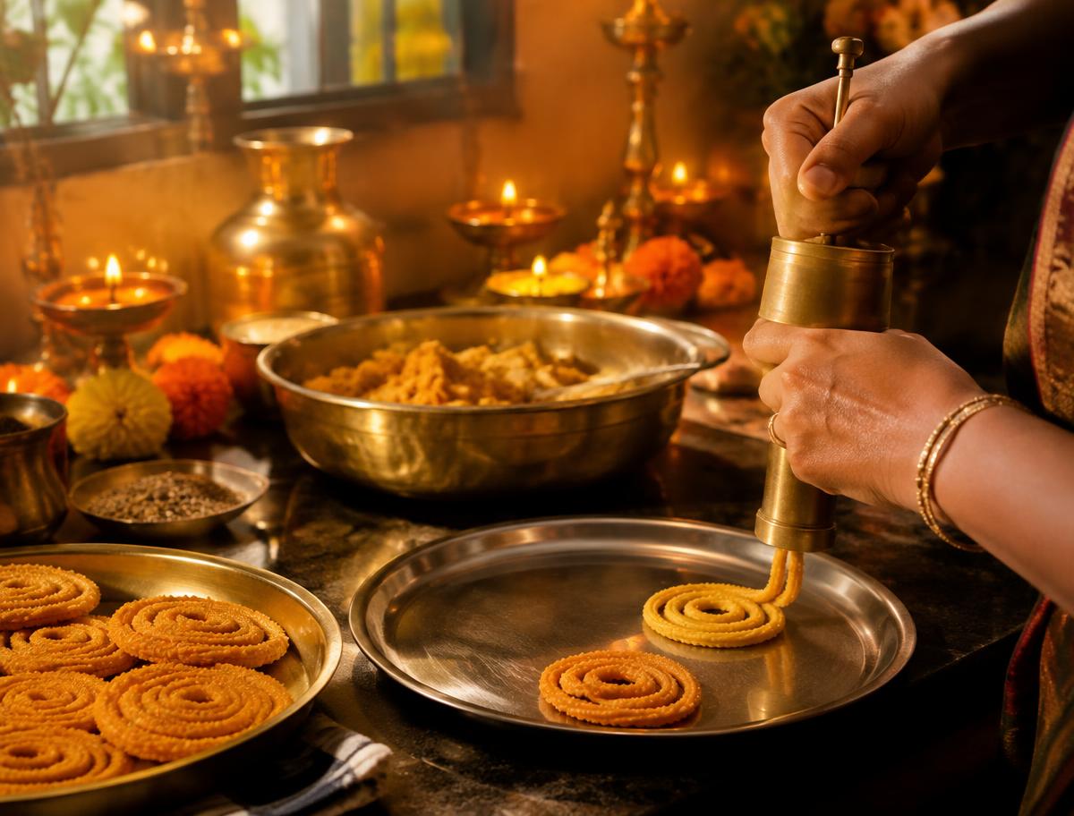 Hands pressing chakri dough in a festive home kitchen